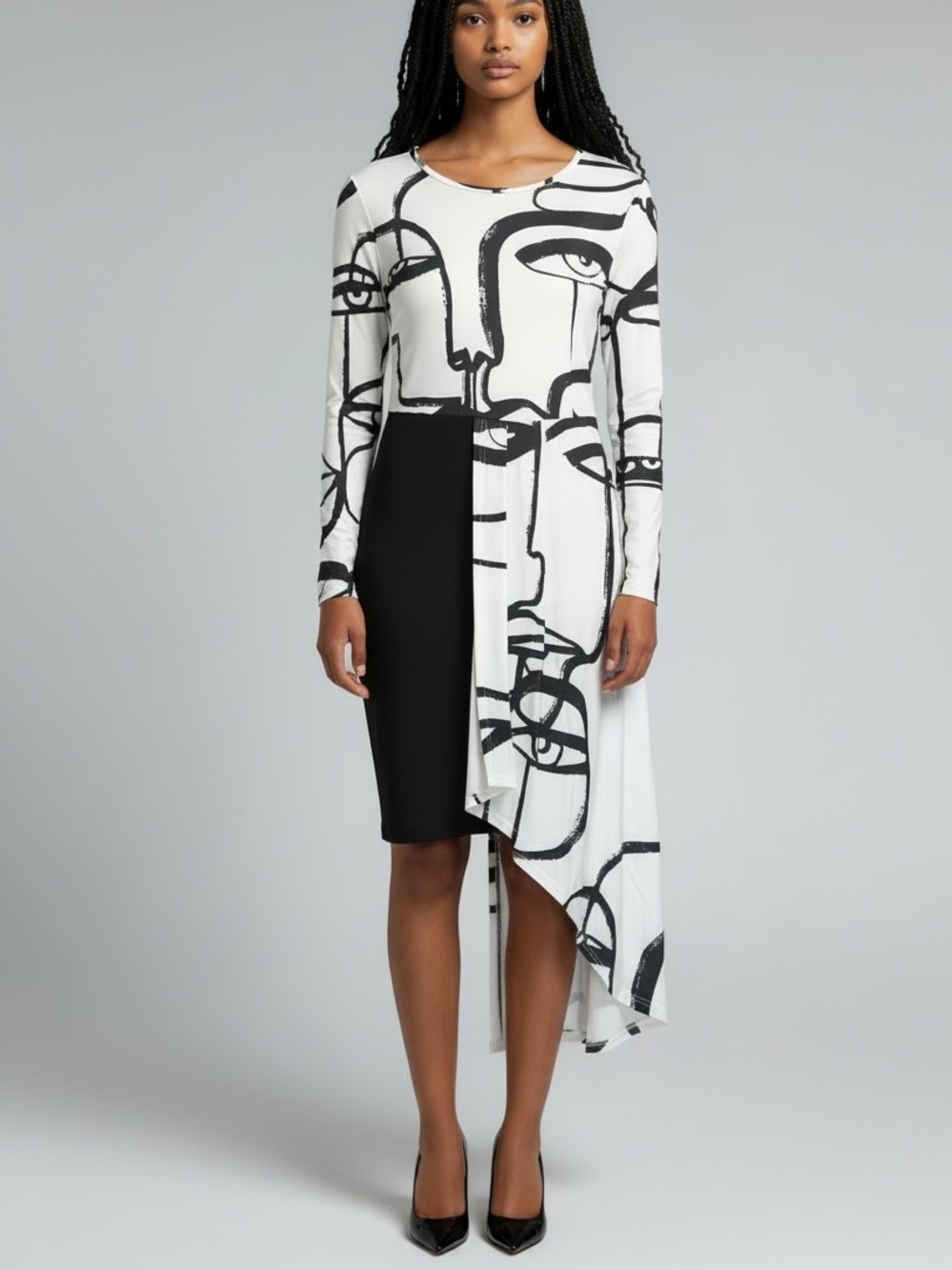 Abstract Face Print Asymmetric Black & White  Dress Size M